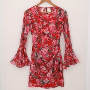 Floral Bell Sleeve Open Back Mini Dress Womens Size 3/4 Wedding Guest Hoco Party